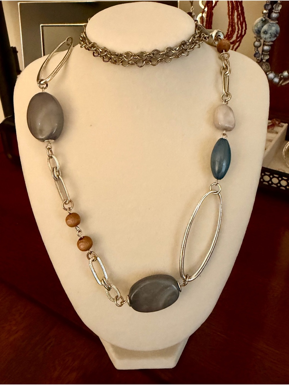 Long Multi-Bead Women’s Necklace in Gray, Blue & Wood Tones
